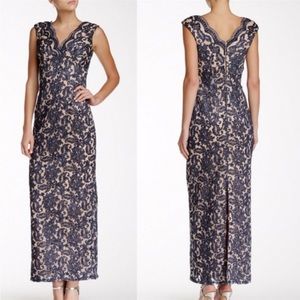 Marina Sleeveless Lace and Sequin Wrap Bodice Gown in Navy/Nude